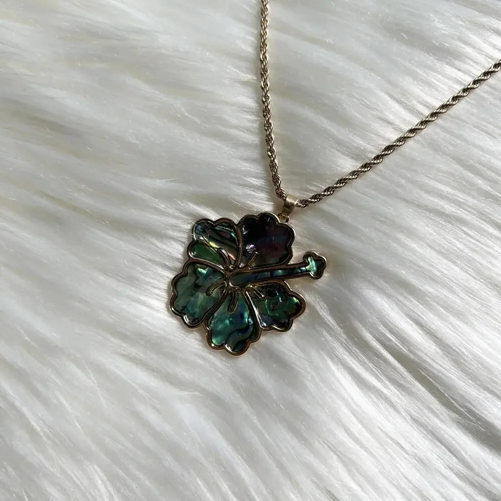 Hawaiian Hibiscus Floral Abalone Pendant Gold Plated Rope Chain Necklace